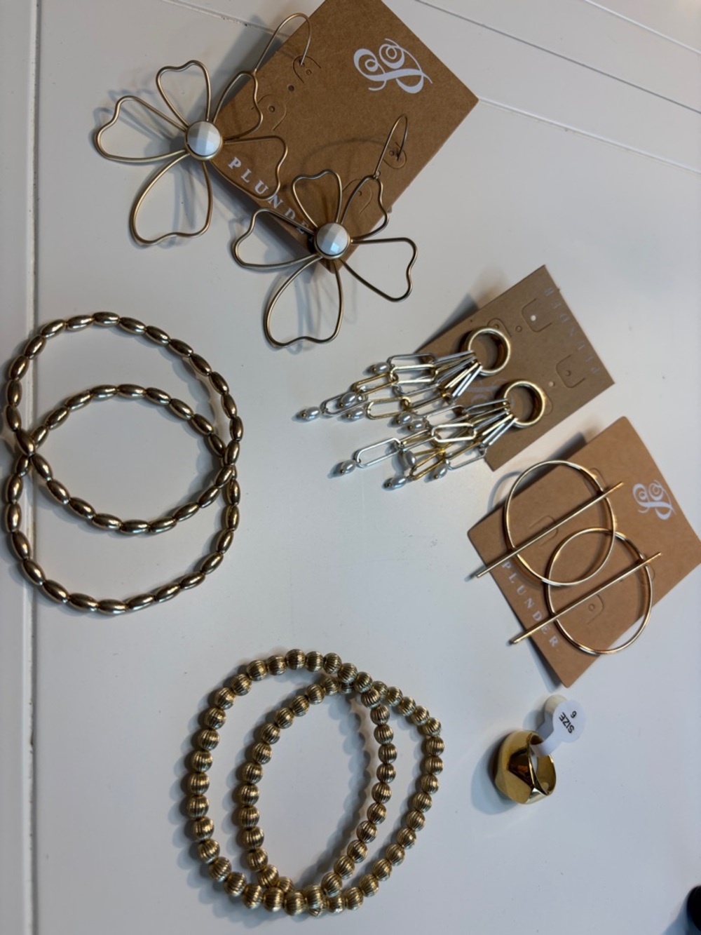 Plunder 8 Gold-Tone Bundle 3 pairs Earrings 4 Bracelets size 6 Gold Ring